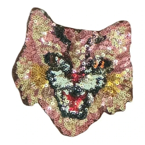 Le Superbe Cashmere Sequin Patch Silly Tiger Cardigan Maroon Sz L - Picture 6 of 11